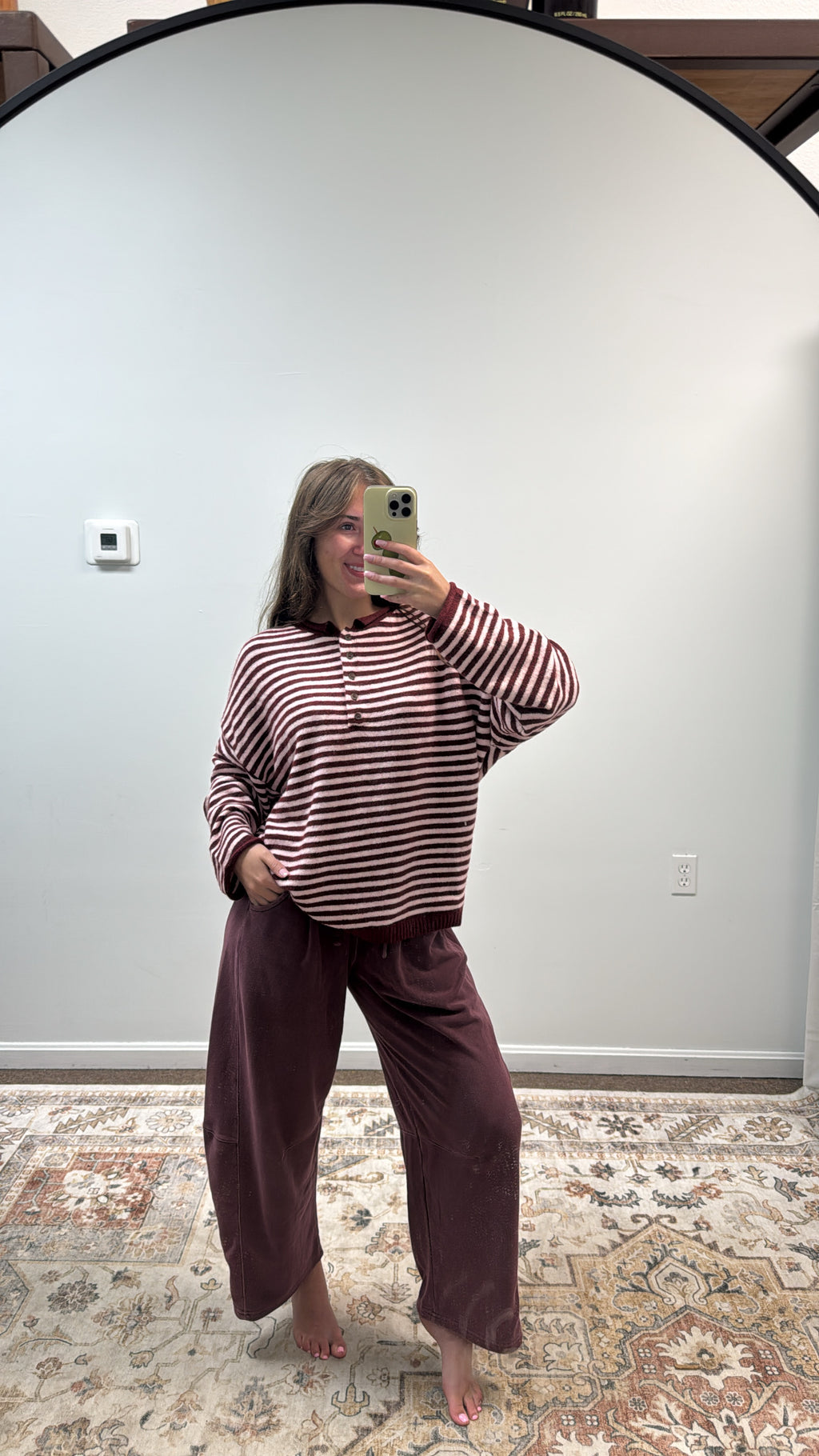 BUTTON HENLEY STRIPE LONG SLEEVE DROP SHOULDER SWEATER