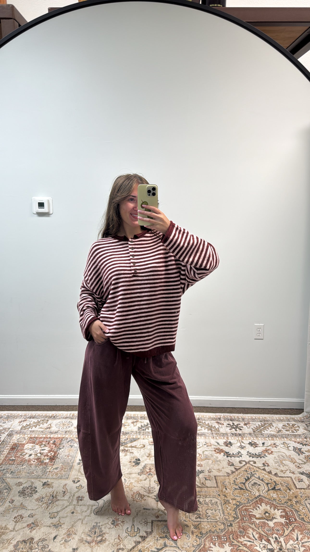 BUTTON HENLEY STRIPE LONG SLEEVE DROP SHOULDER SWEATER