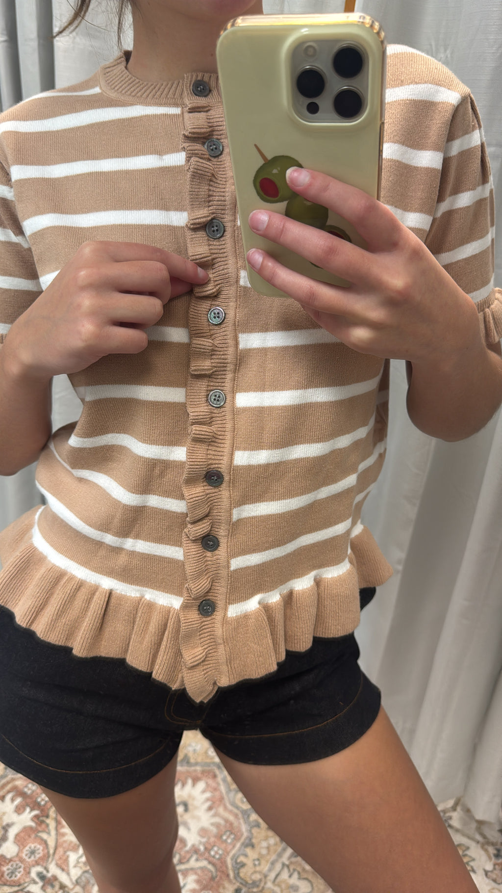 STRIPE KNITTED SWEATER BUTTON DOWN CARDIGAN TOP WITH RUFFLE