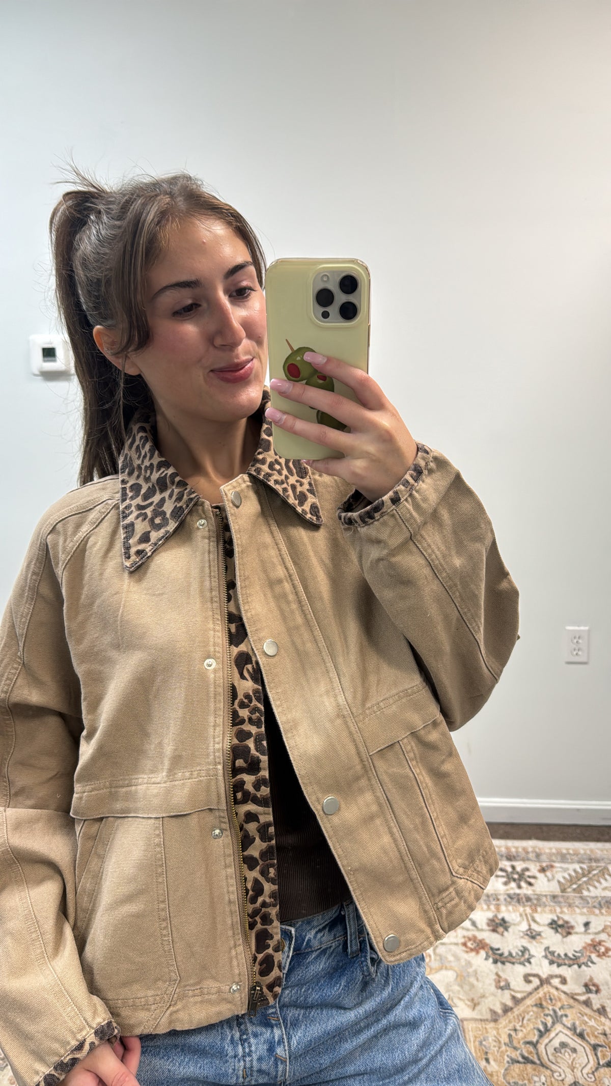 OXFORD CANVAS TWILL FALL BARN JACKET WITH LEOPARD COLLAR