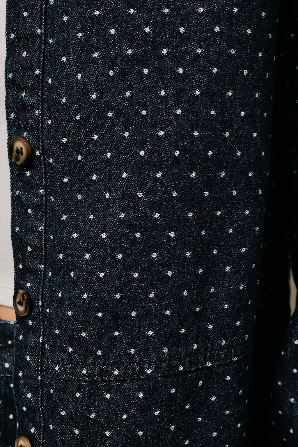 COLLARED BUTTON DOWN TEXTURED POLKA DOT DENIM SHIRT