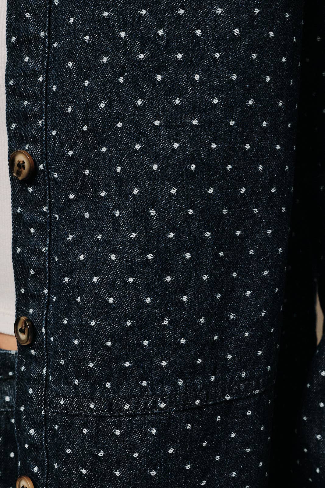 COLLARED BUTTON DOWN TEXTURED POLKA DOT DENIM SHIRT