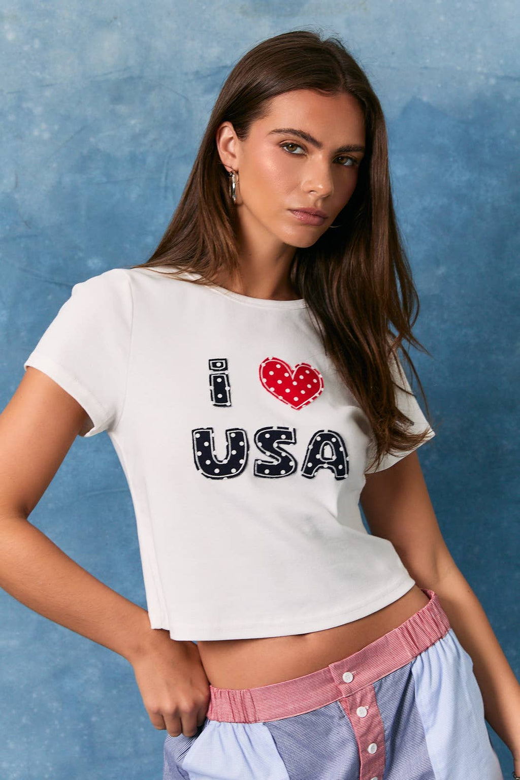 "I LOVE USA" ROUND NECK SHORT SLEEVE KNIT TOP
