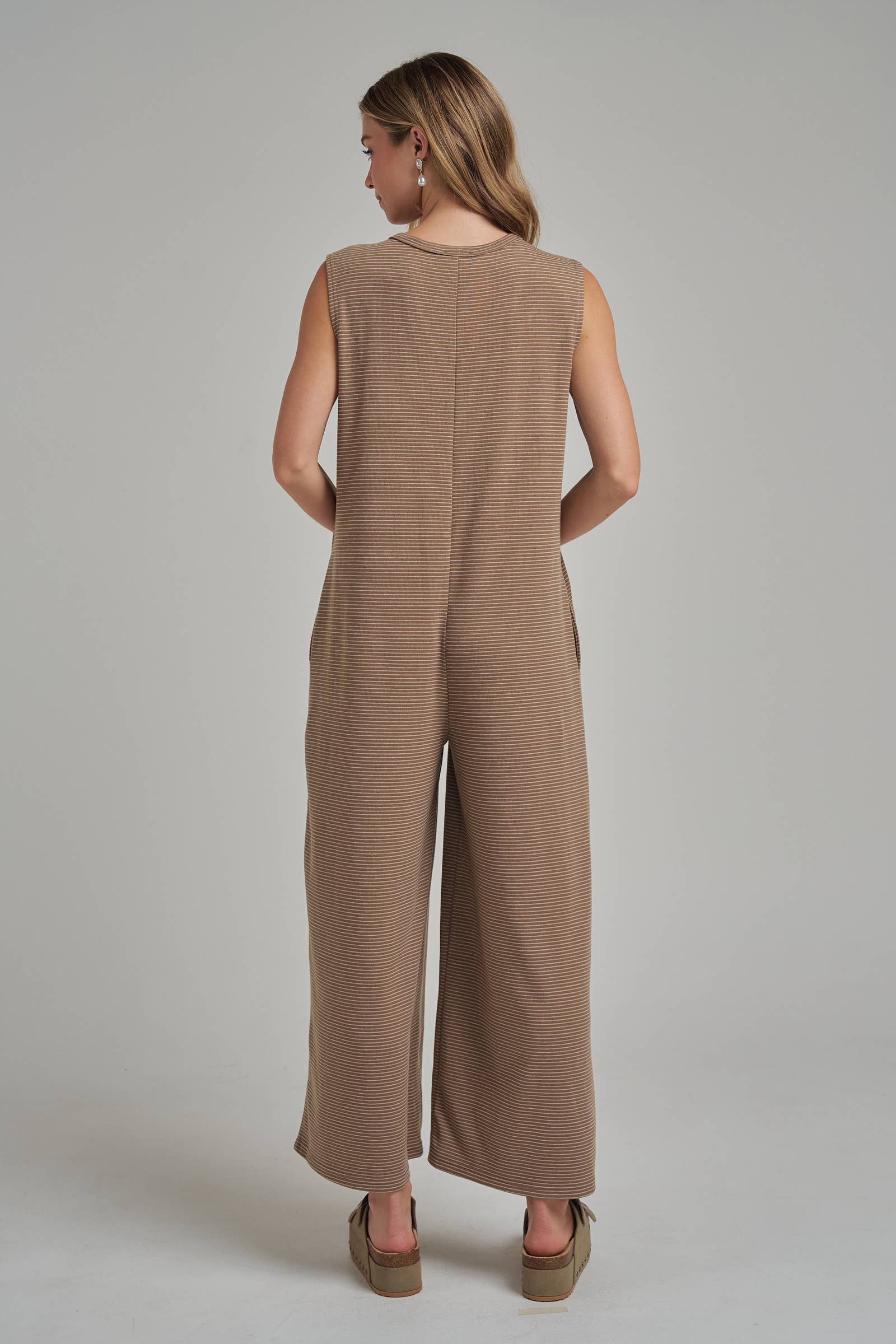 BUTTONED PLACKET PIN STRIPE KNIT CASAUL JUMPSUIT