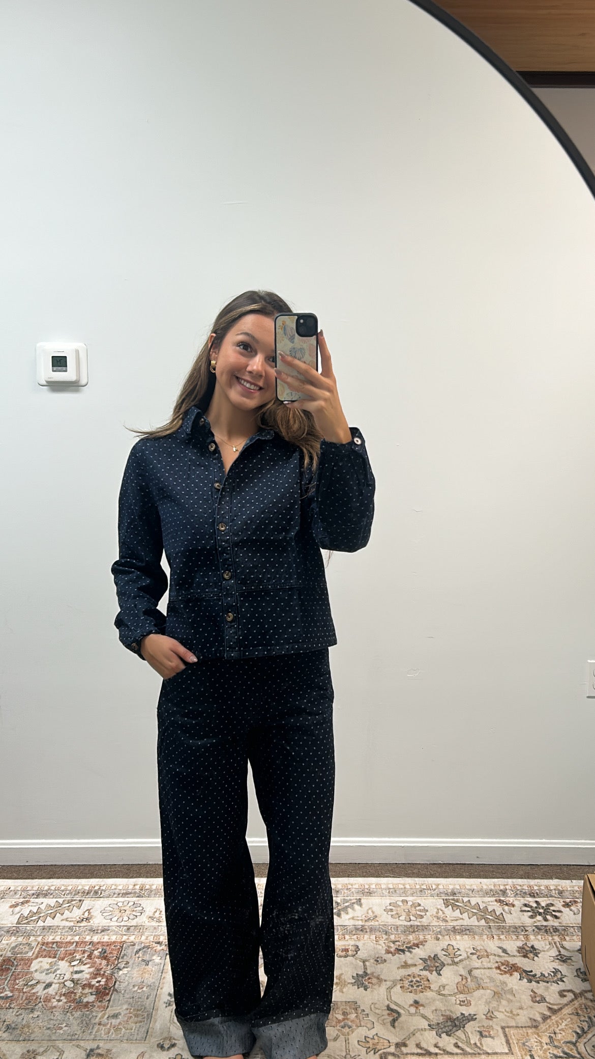 COLLARED BUTTON DOWN TEXTURED POLKA DOT DENIM SHIRT