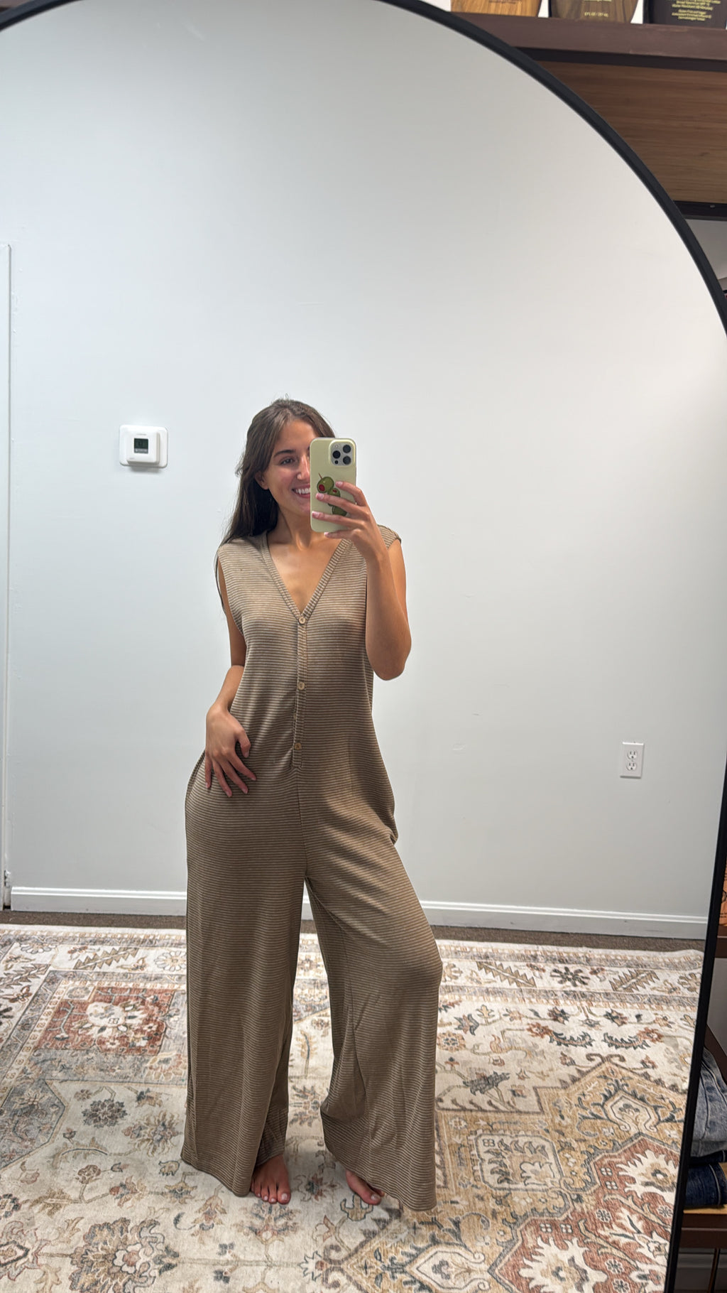 BUTTONED PLACKET PIN STRIPE KNIT CASAUL JUMPSUIT