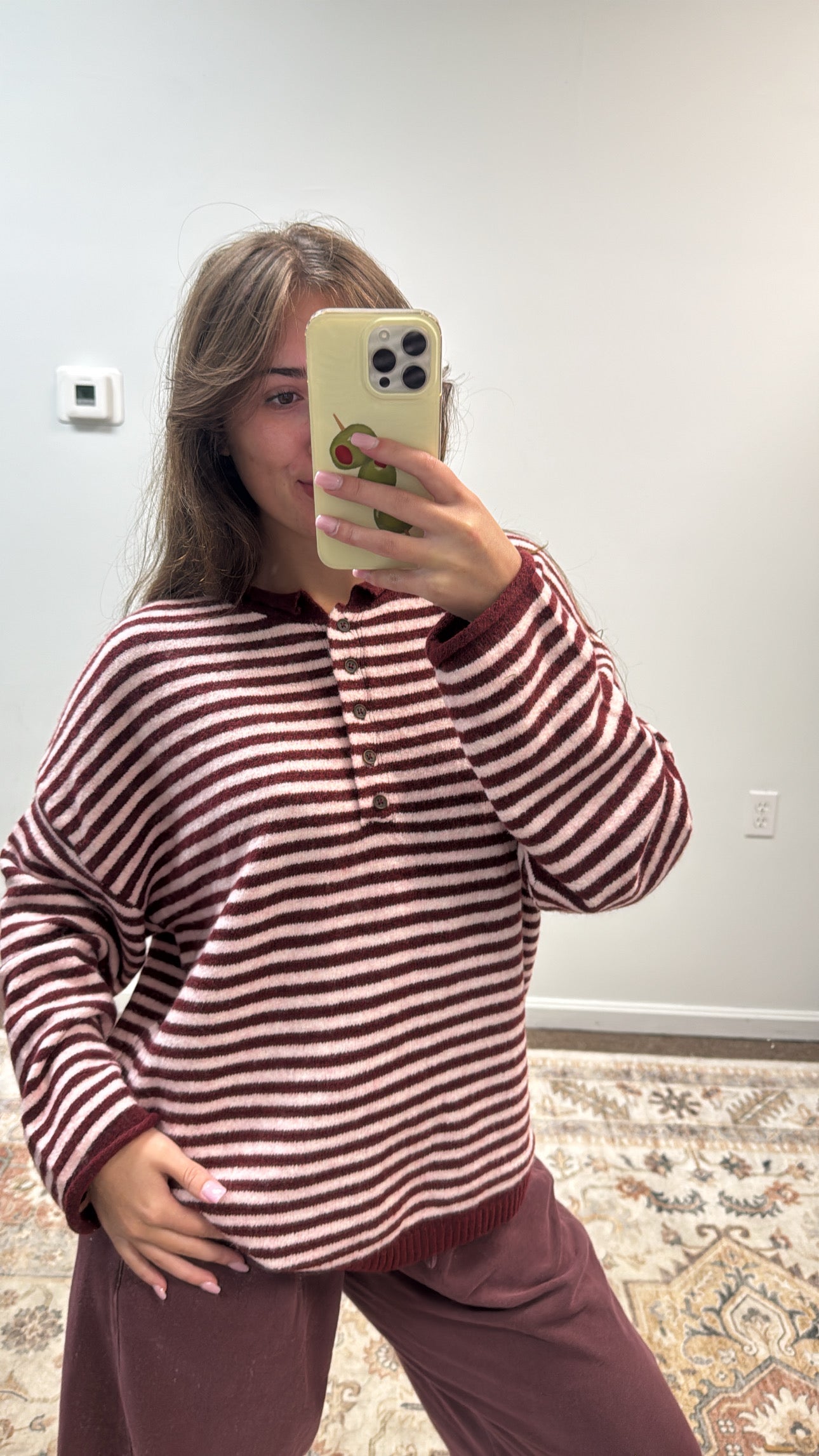 BUTTON HENLEY STRIPE LONG SLEEVE DROP SHOULDER SWEATER