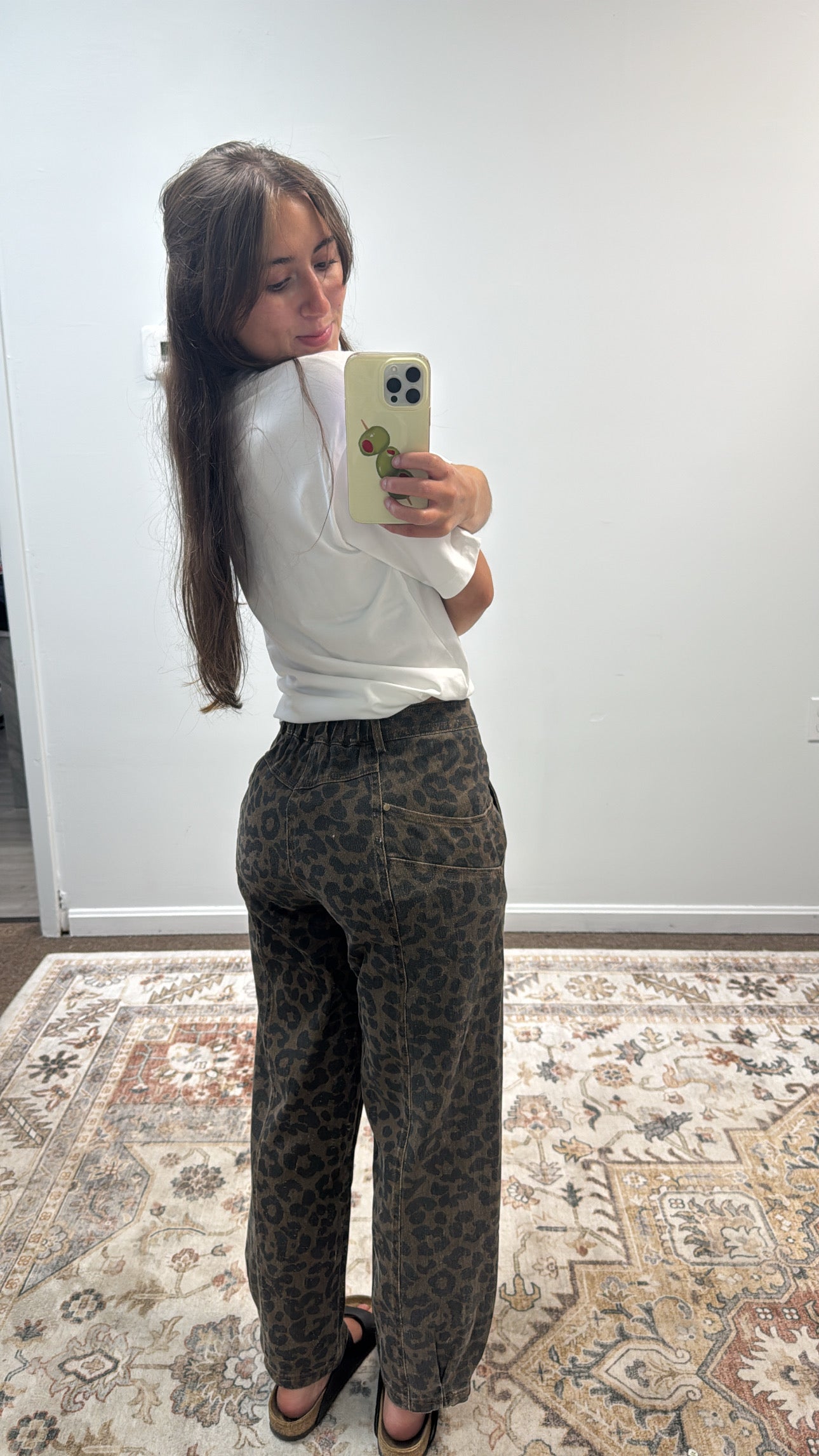 TWO TONED LEOPARD PRINT TWILL MID RISE WIDE PANTS