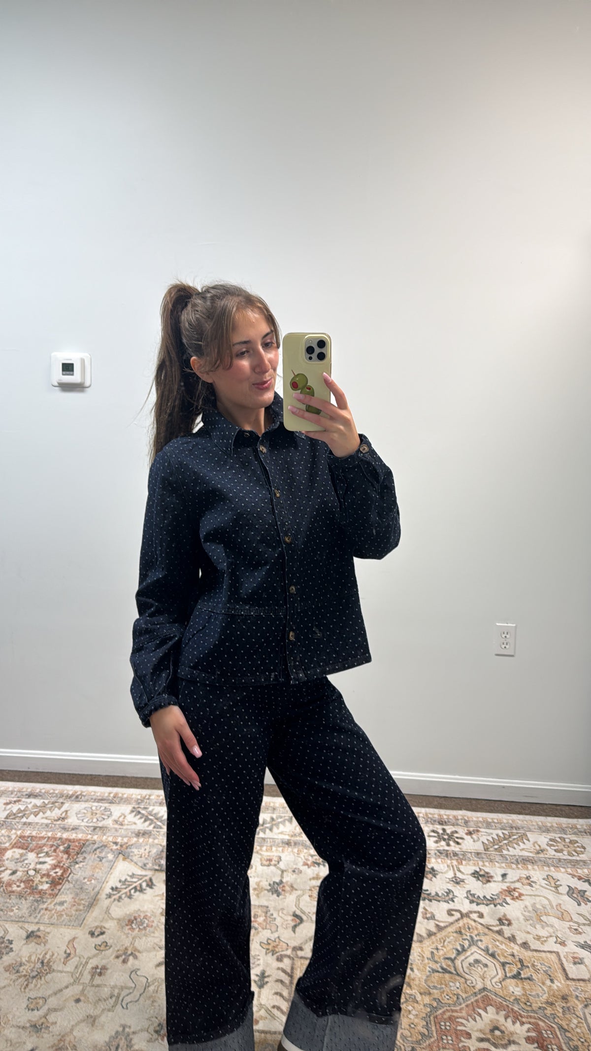 COLLARED BUTTON DOWN TEXTURED POLKA DOT DENIM SHIRT