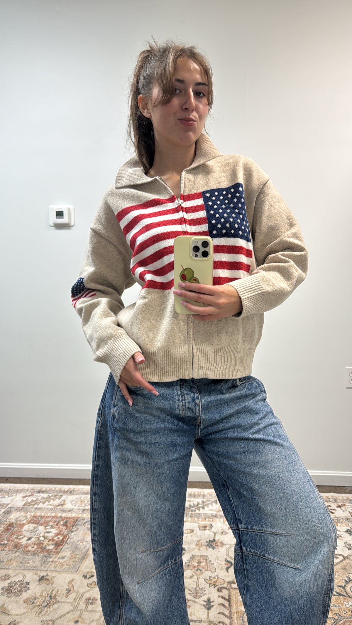 COLLARED LONG SLEEVE USA FLAG SWEATER ZIP UP