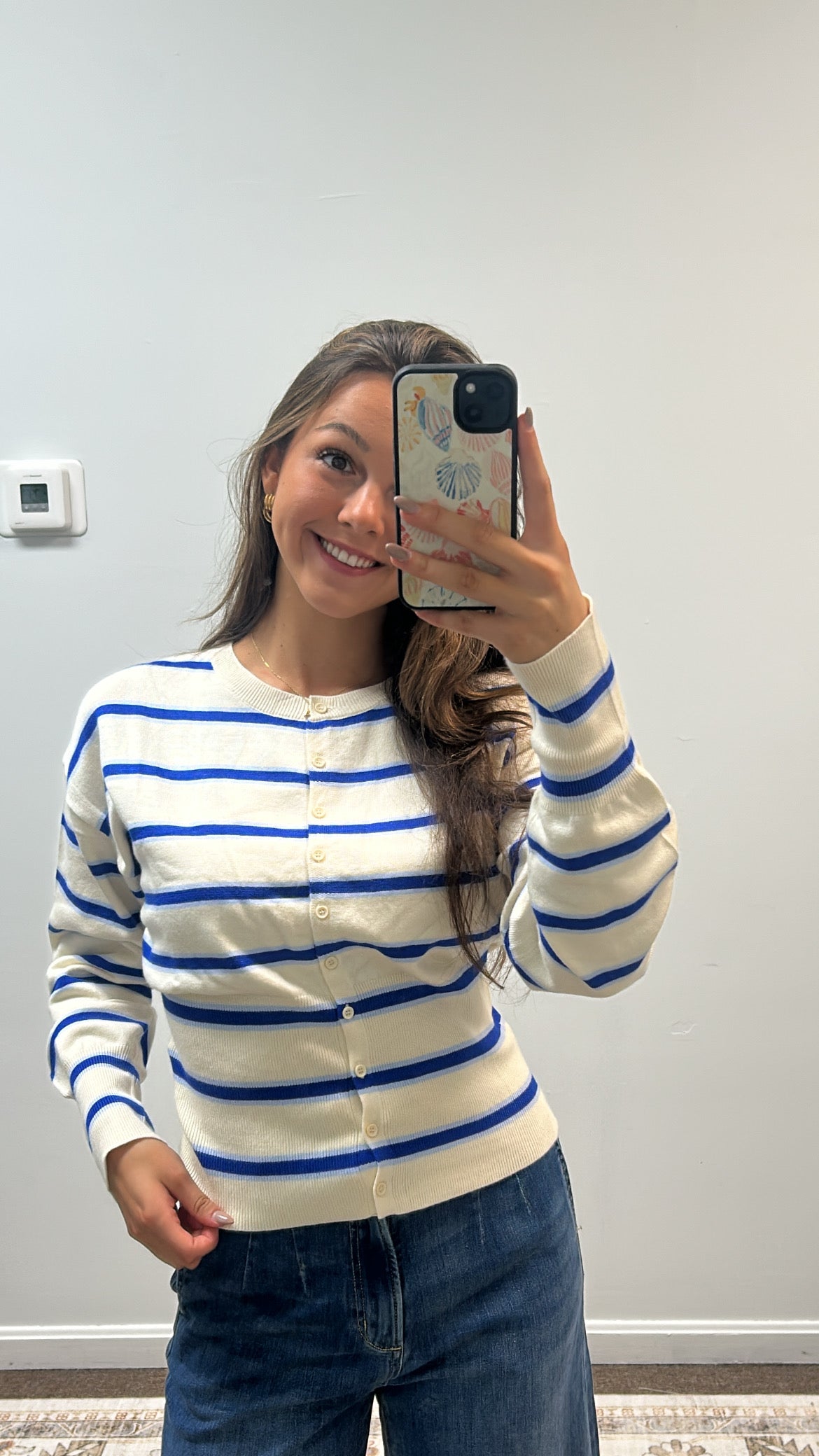 Round Neck Button Down Striped Knit Sweater Top