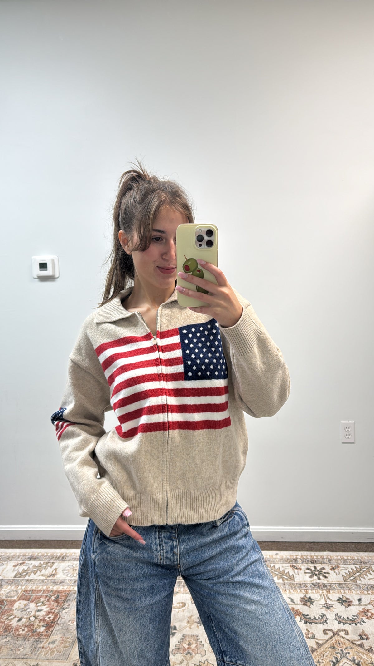 COLLARED LONG SLEEVE USA FLAG SWEATER ZIP UP