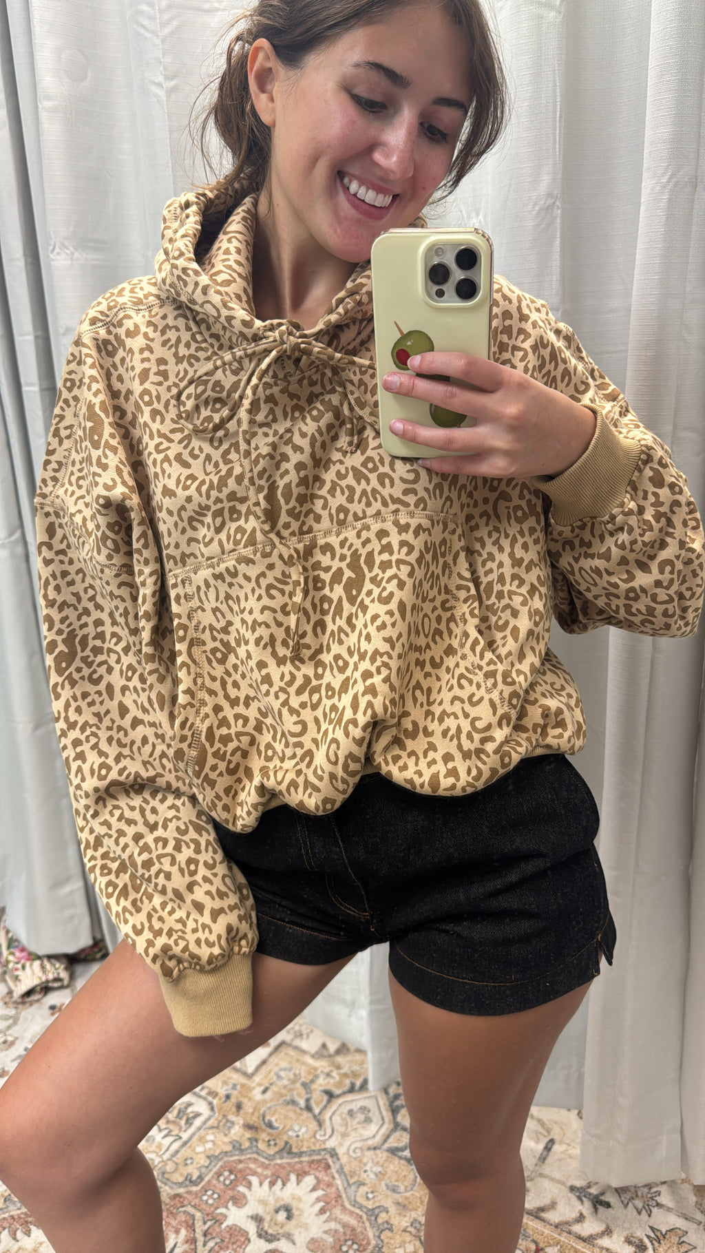 LOOSE FIT LEOPARD HOODIE TOP WITH FRONT KANGAROO POCKET
