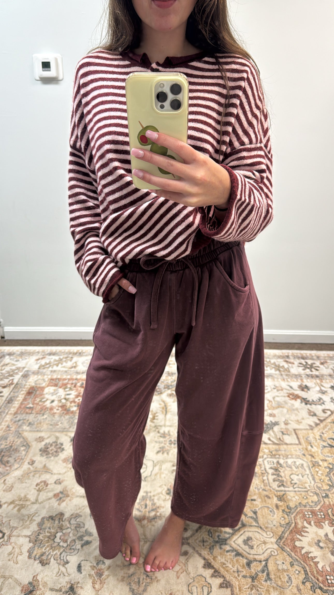 BUTTON HENLEY STRIPE LONG SLEEVE DROP SHOULDER SWEATER