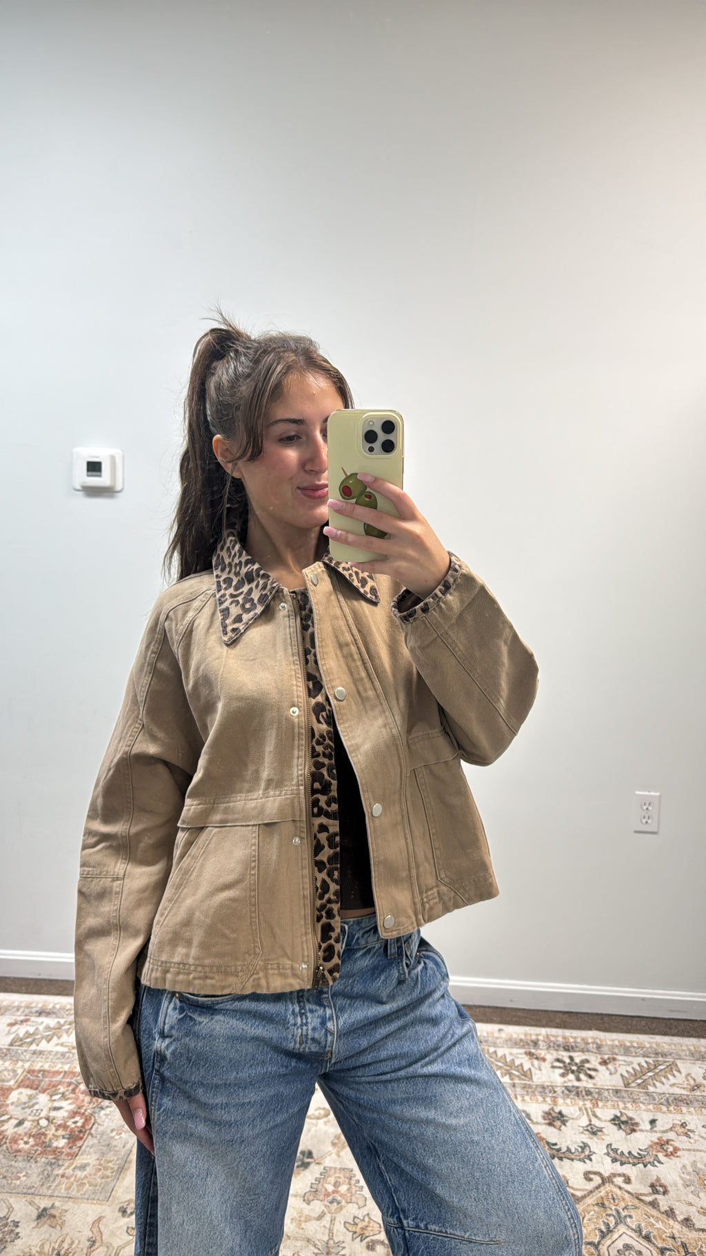 OXFORD CANVAS TWILL FALL BARN JACKET WITH LEOPARD COLLAR