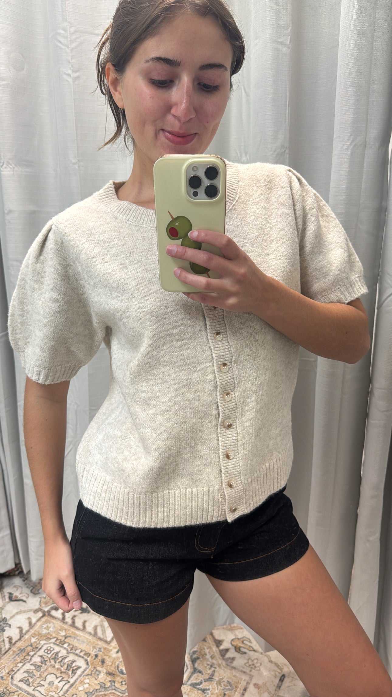 SHORT SLEEVE RELAXED FIT CARDIGAN WITH PUFF SLEEVES