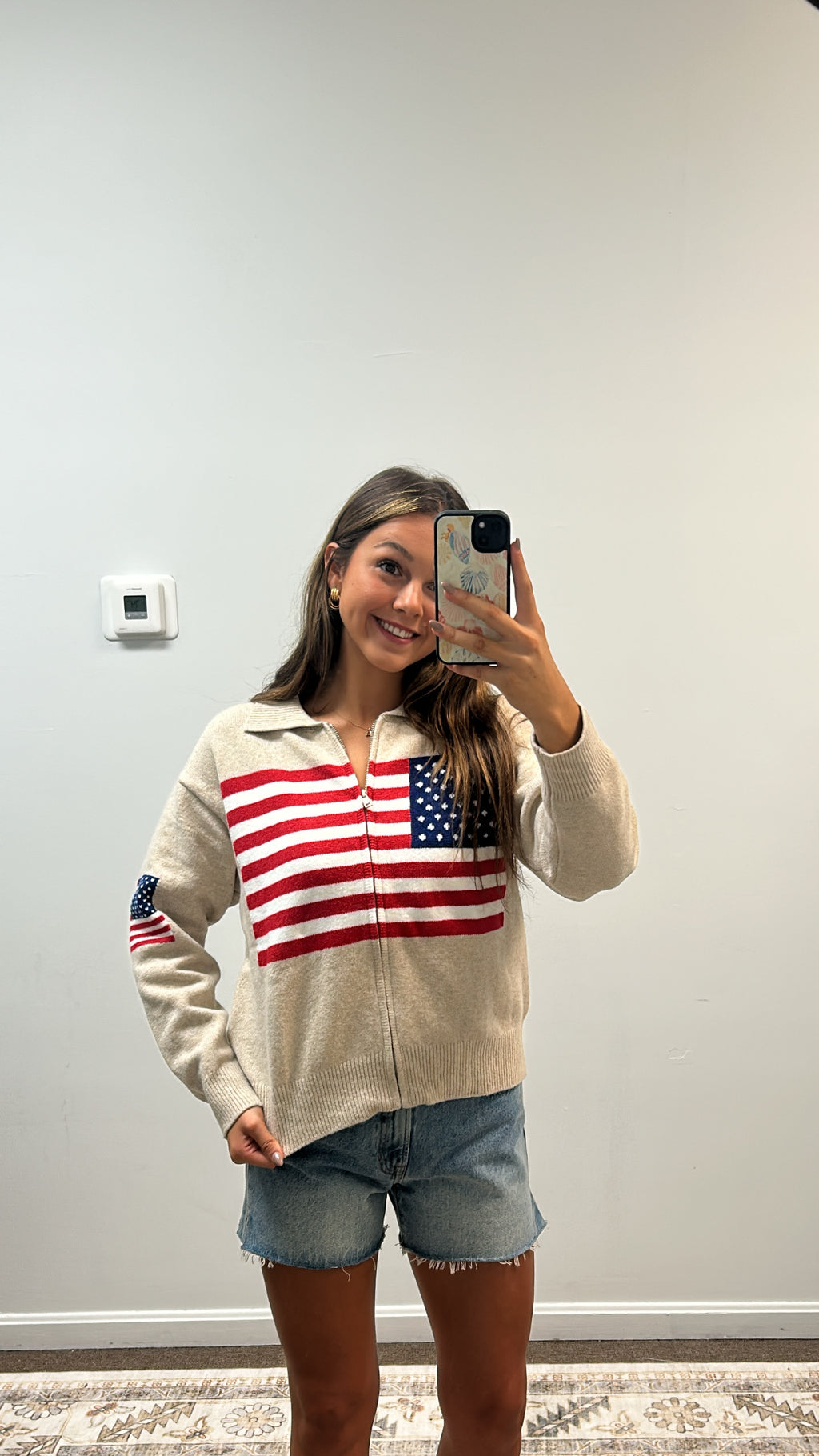 COLLARED LONG SLEEVE USA FLAG SWEATER ZIP UP