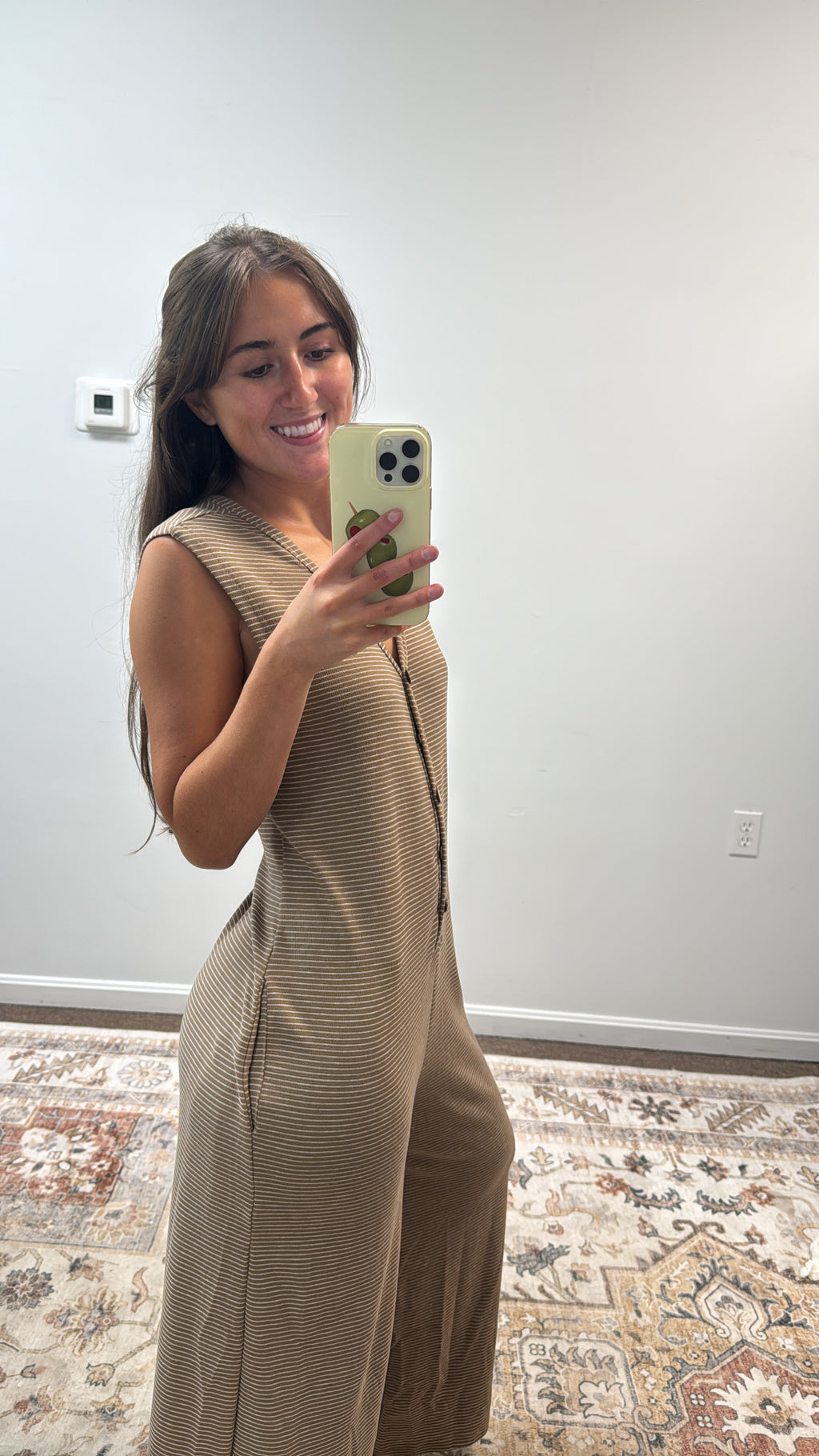 BUTTONED PLACKET PIN STRIPE KNIT CASAUL JUMPSUIT