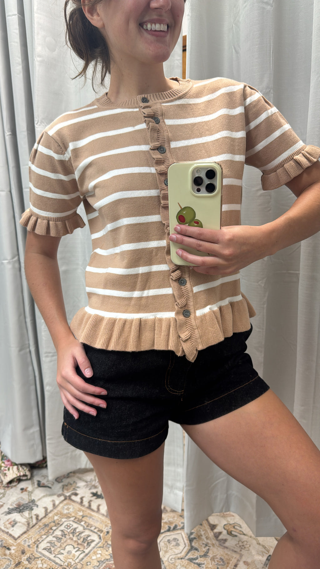 STRIPE KNITTED SWEATER BUTTON DOWN CARDIGAN TOP WITH RUFFLE