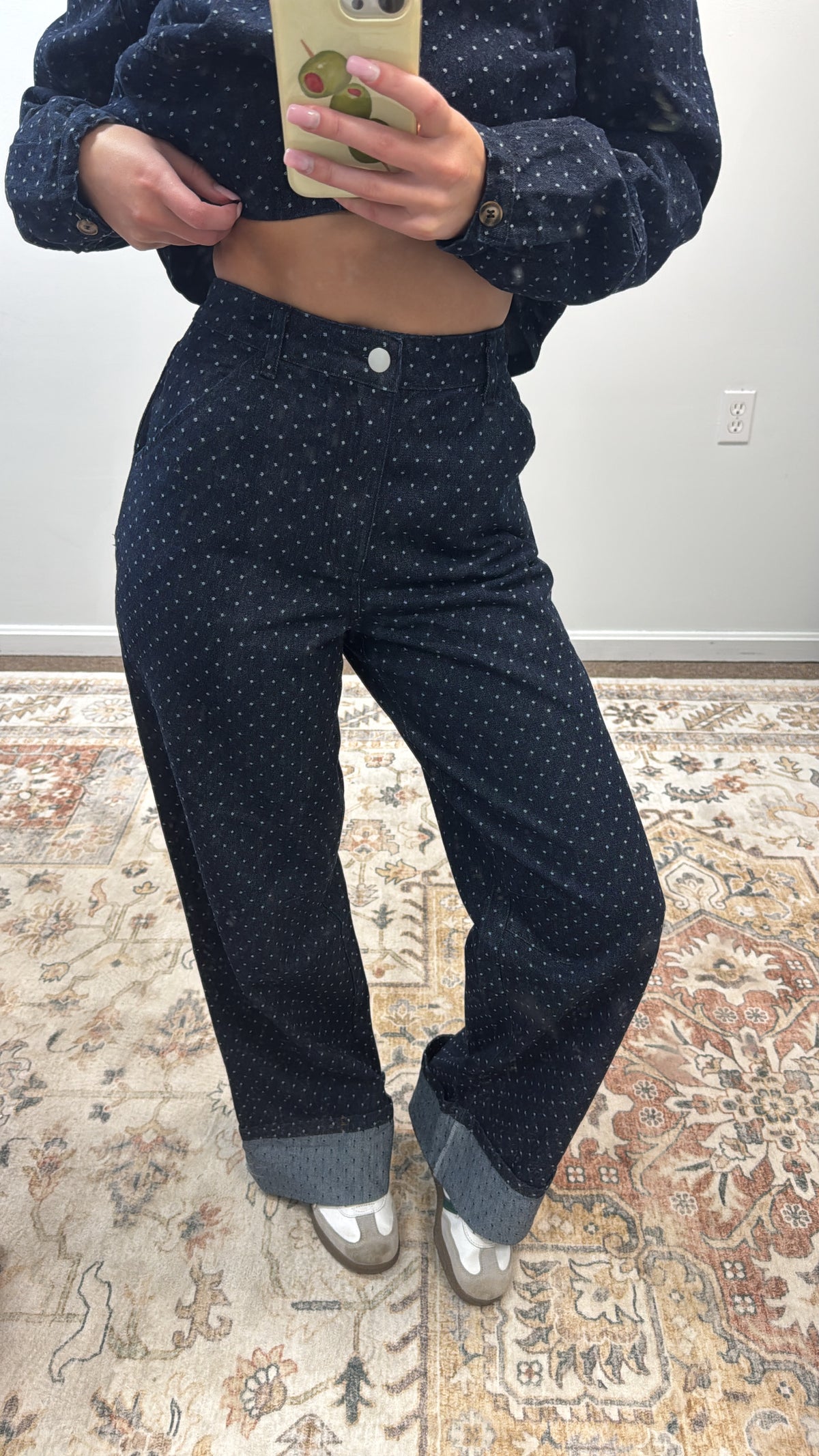 High-Rise Polka Dot Barrel Denim Jeans With Rolled Cuffs