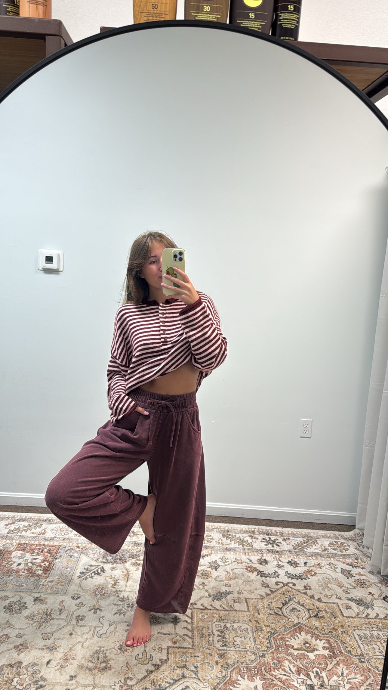 BUTTON HENLEY STRIPE LONG SLEEVE DROP SHOULDER SWEATER