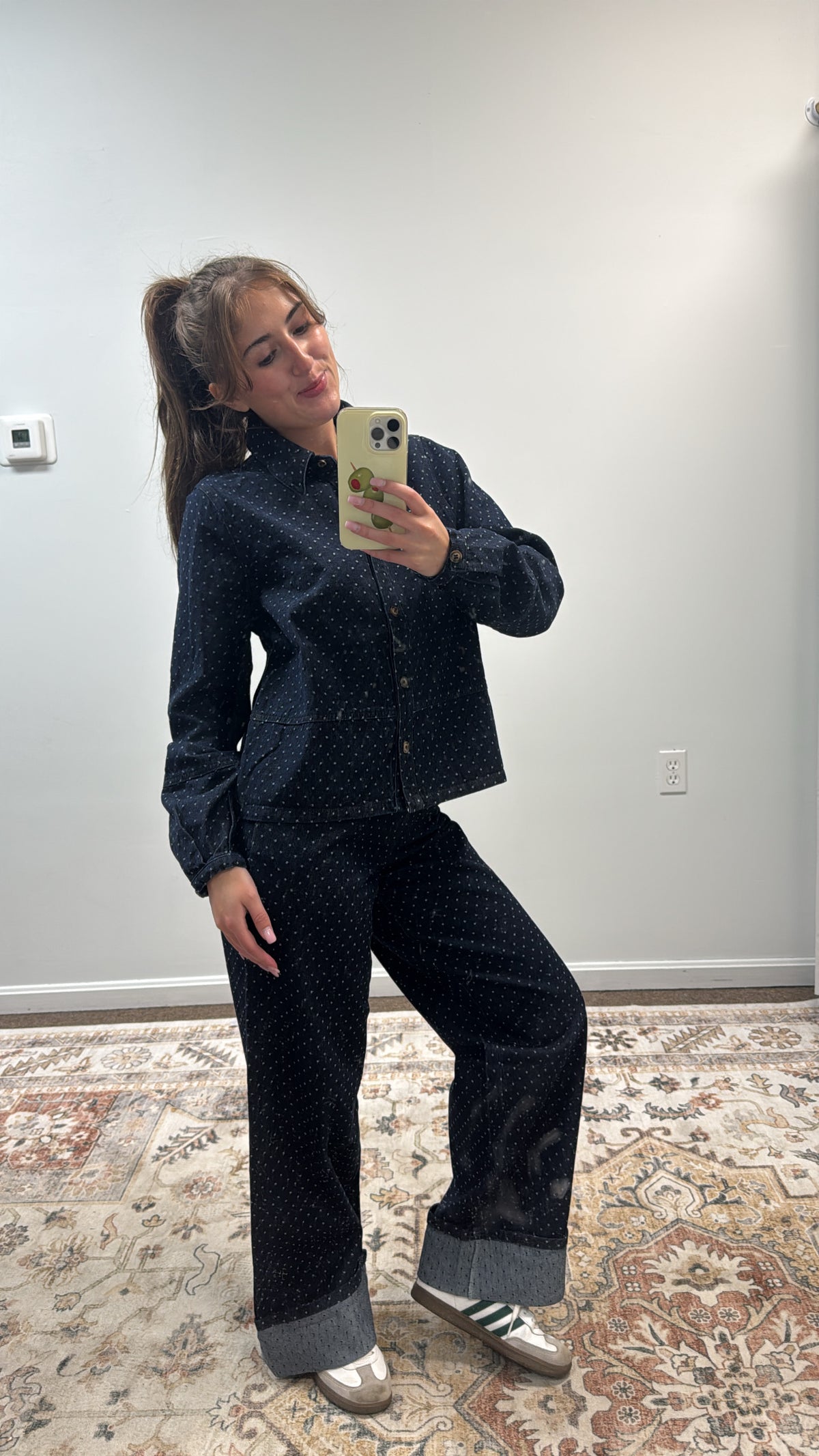 COLLARED BUTTON DOWN TEXTURED POLKA DOT DENIM SHIRT