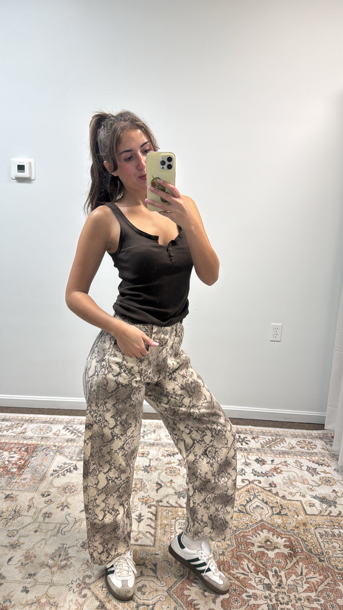 MID RISE VINTAGE SNAKESKIN PRINT TWILL DENIM BARREL PANTS