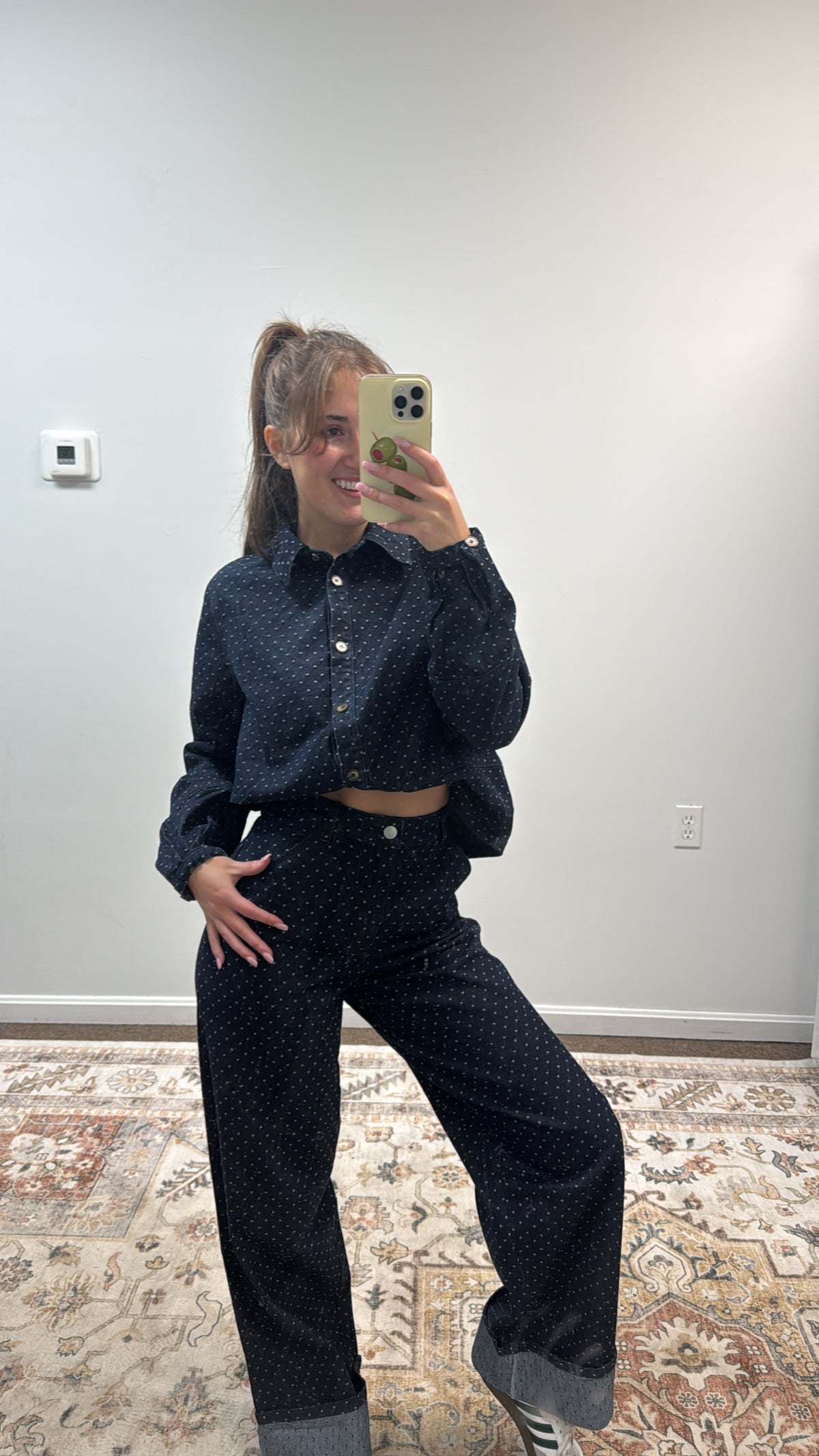 High-Rise Polka Dot Barrel Denim Jeans With Rolled Cuffs