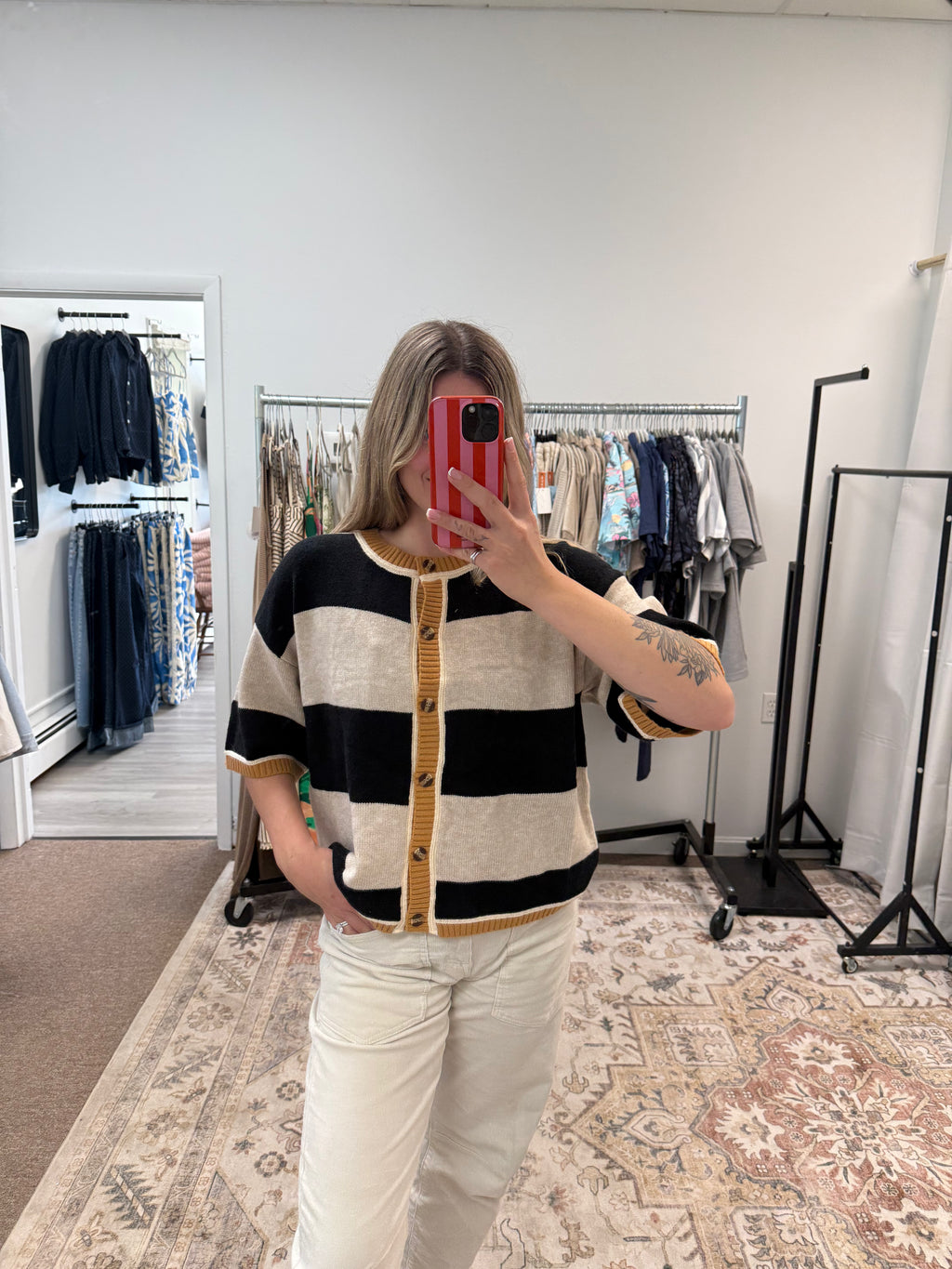 WIDE STRIPE LOOSE FIT DROP SHOULDER SWEATER CARDIGAN