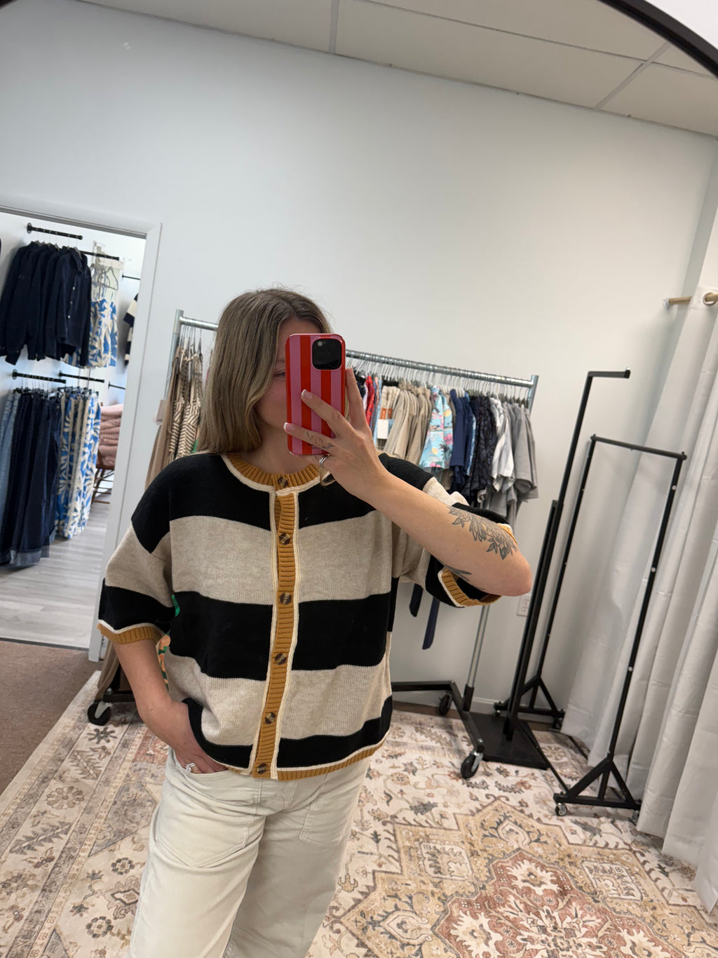 WIDE STRIPE LOOSE FIT DROP SHOULDER SWEATER CARDIGAN