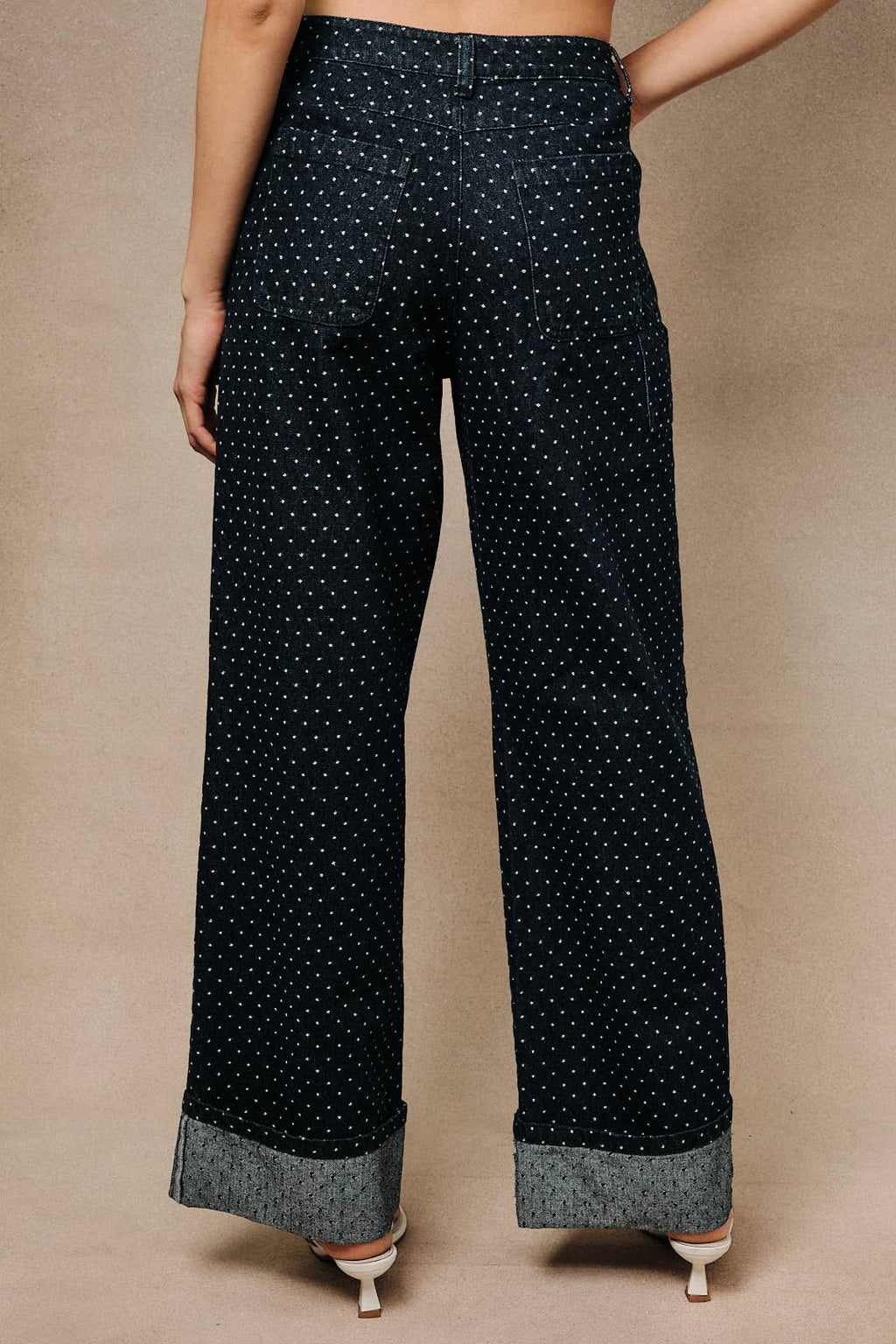 High-Rise Polka Dot Barrel Denim Jeans With Rolled Cuffs