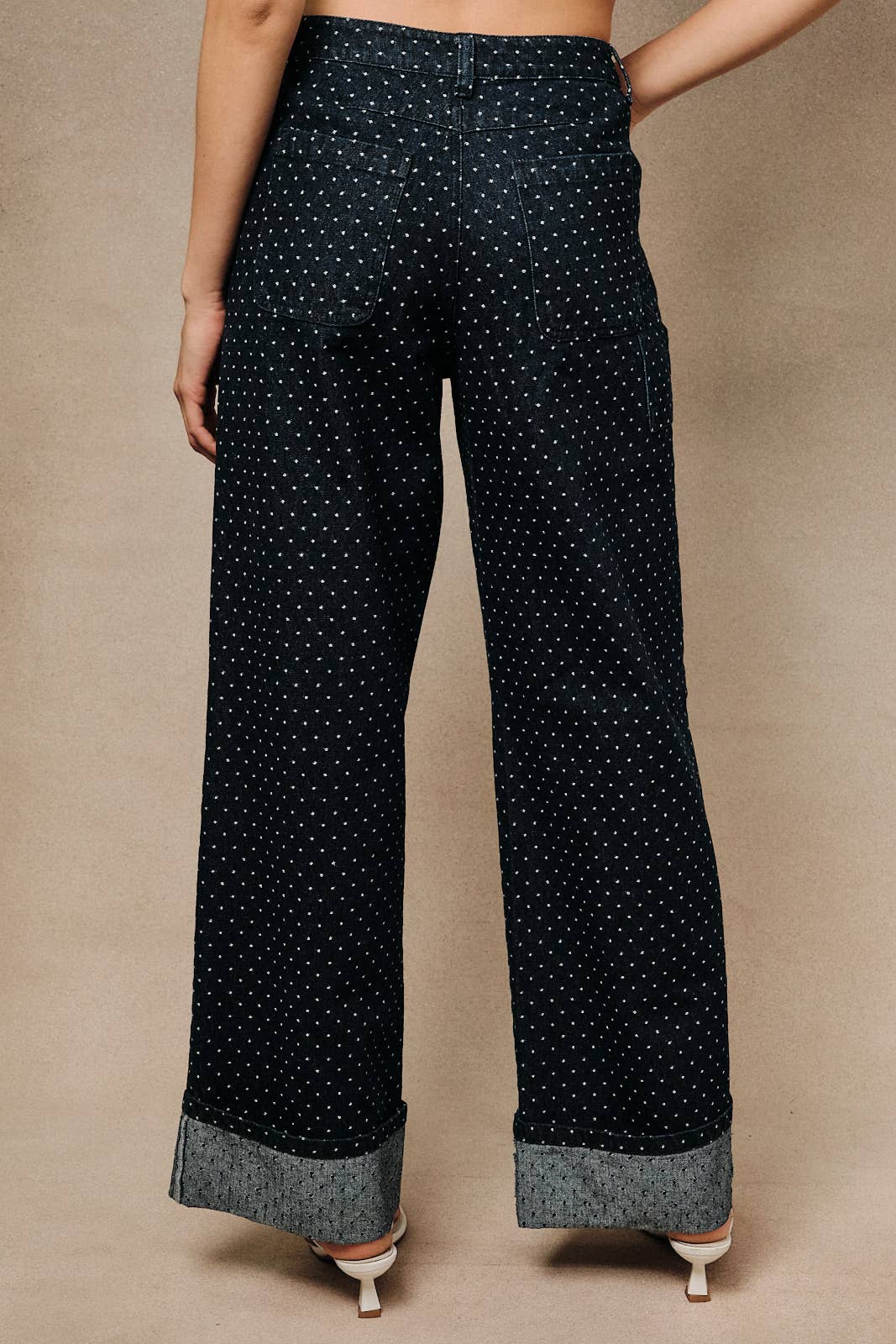 High-Rise Polka Dot Barrel Denim Jeans With Rolled Cuffs