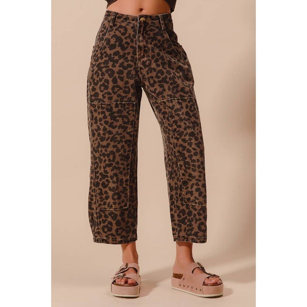 TWO TONED LEOPARD PRINT TWILL MID RISE WIDE PANTS