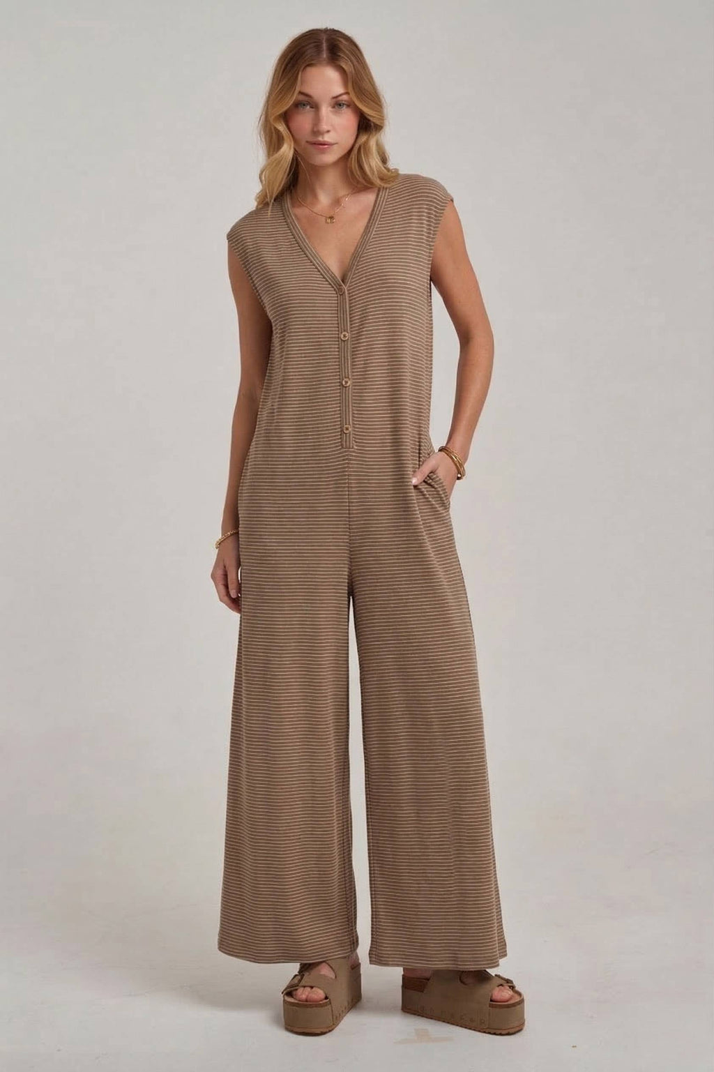 BUTTONED PLACKET PIN STRIPE KNIT CASAUL JUMPSUIT