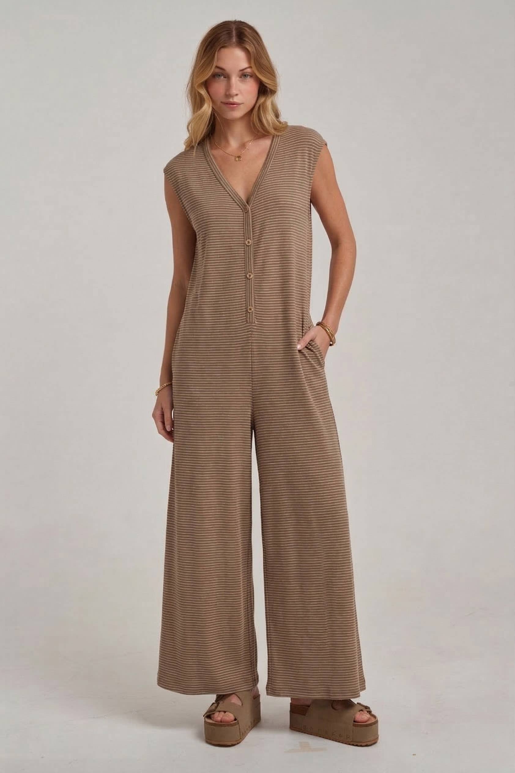 BUTTONED PLACKET PIN STRIPE KNIT CASAUL JUMPSUIT